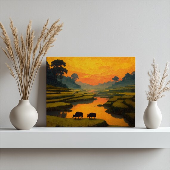 Buffalo Sunset Canvas Wall Art Colorful Impressionist Rice Terraces Tropical Landscape Laos Southeast Asia Hillside Farms River Reflection
