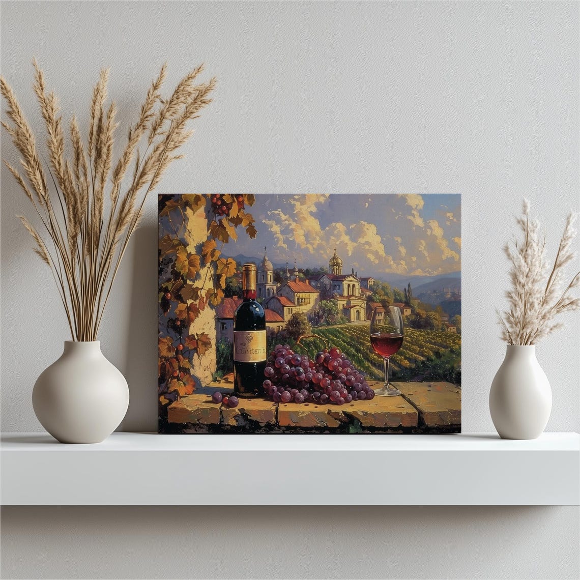 Wine Bottle Grapes and Glass Overlooking Vineyard Village Art Poster