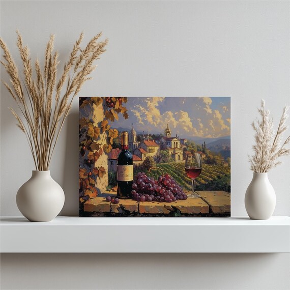 Wine Bottle Grapes and Glass Overlooking Vineyard Village Art Poster