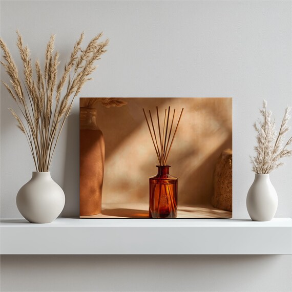 Minimalist Diffuser Canvas Wall Art Amber Toned Glass Bottle Neutral Beige Fragrance For Home Photography Print Boho Style Gift