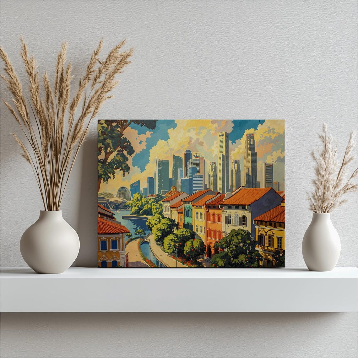 Singapore River Shophouse Skyline Marina Bay Travel Art Poster