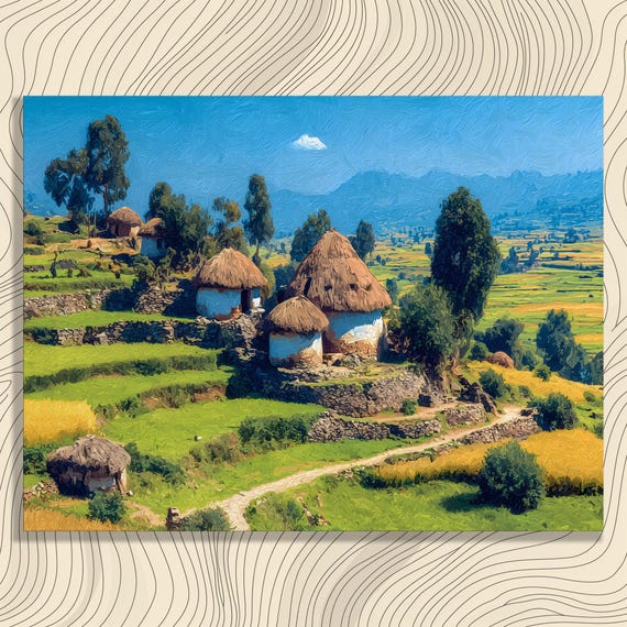 Colorful Mountain Village Canvas Wall Art Impressionist Rural Landscape Terraced Rice Fields Blue Sky Rustic Farmhouse Style Print