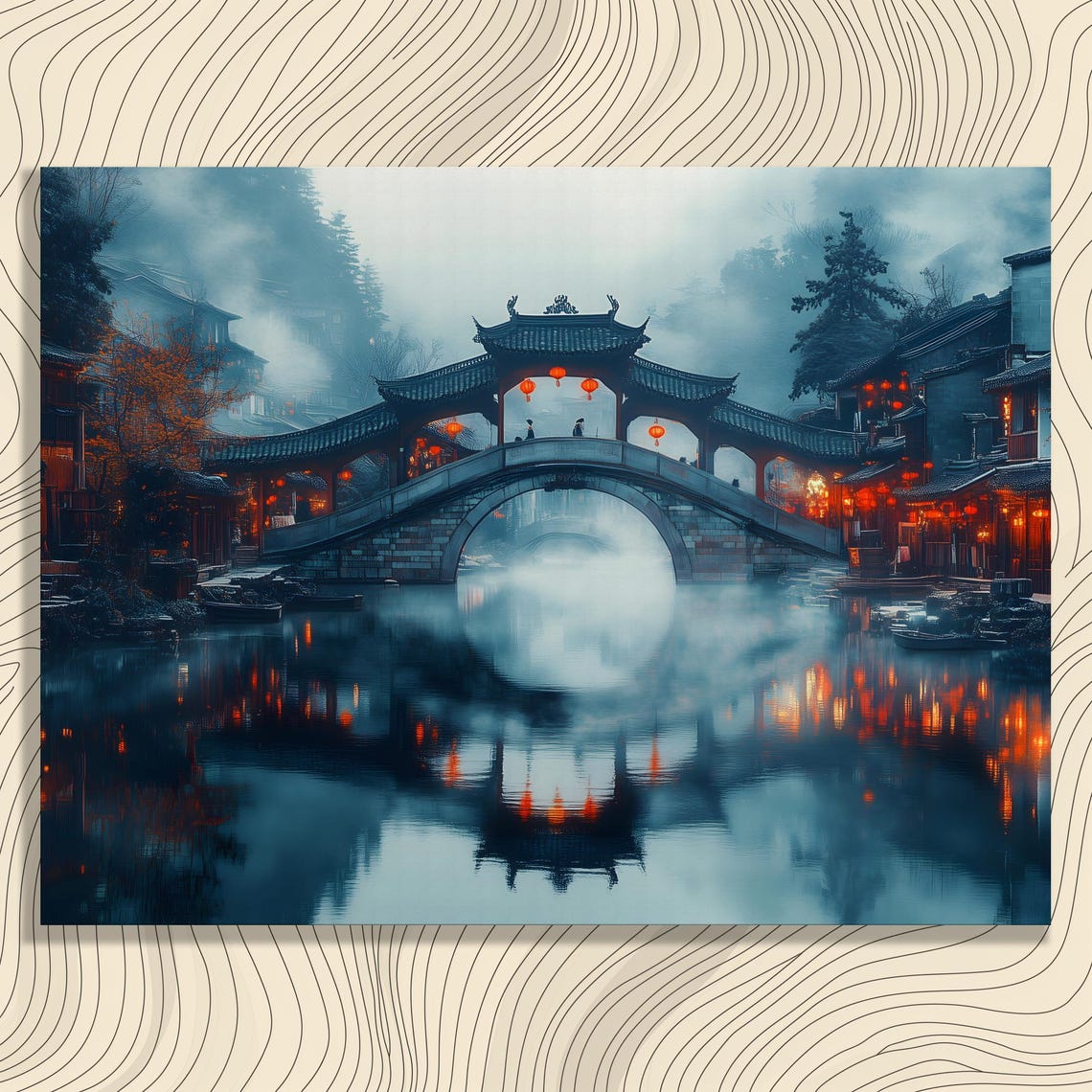 Chinese Covered Bridge with Red Lanterns Over Misty Water Poster