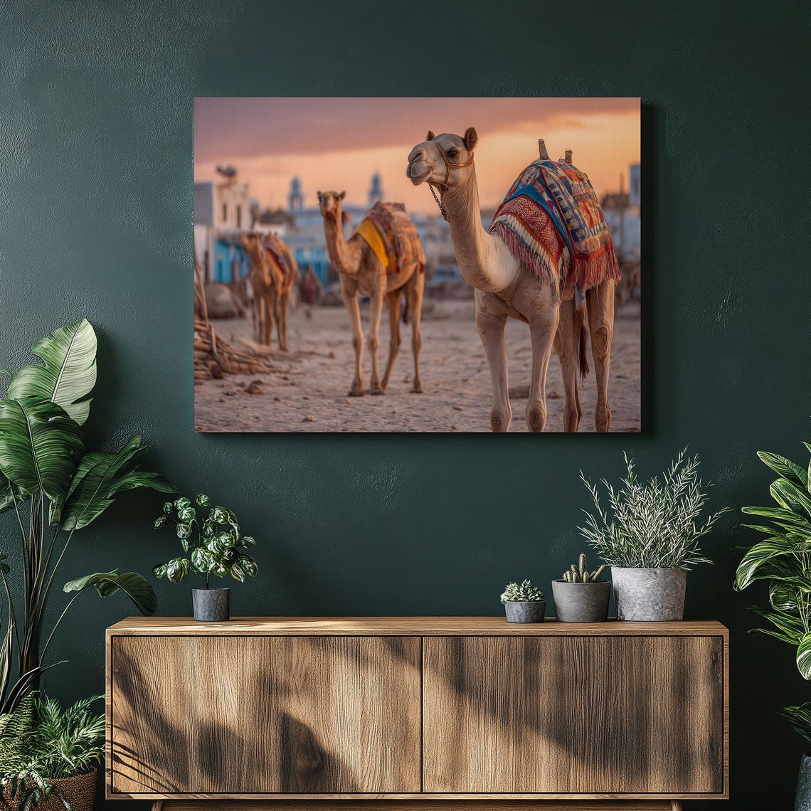 Camel Caravan Sunset Decorated Camels Sahara Desert Art Poster