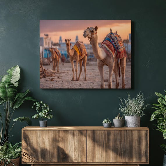 Colorful Camel Desert Canvas Wall Art Sahara Caravan Sunset Exotic Animals Arabic Architecture North Africa Decor Travel Gift Print