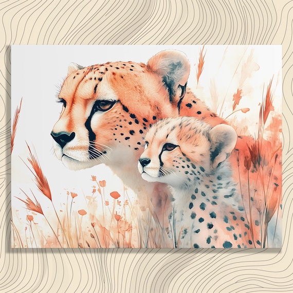Cheetah Mother And Cub Gentle Wildlife Watercolor Nursery Wall Art