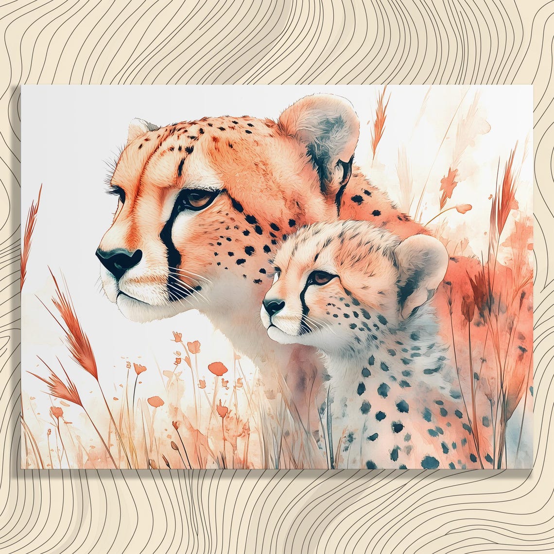 Cheetah Mother And Cub Gentle Wildlife Watercolor Nursery Wall Art