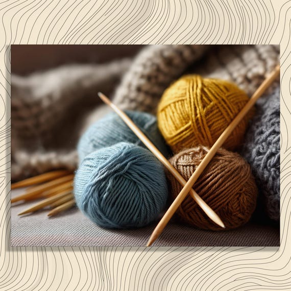 Yarn And Needles Canvas Wall Art Cozy Farmhouse Rustic Print Blue Yellow Wool Still Life Country Decor Gift For Crafters Knitters