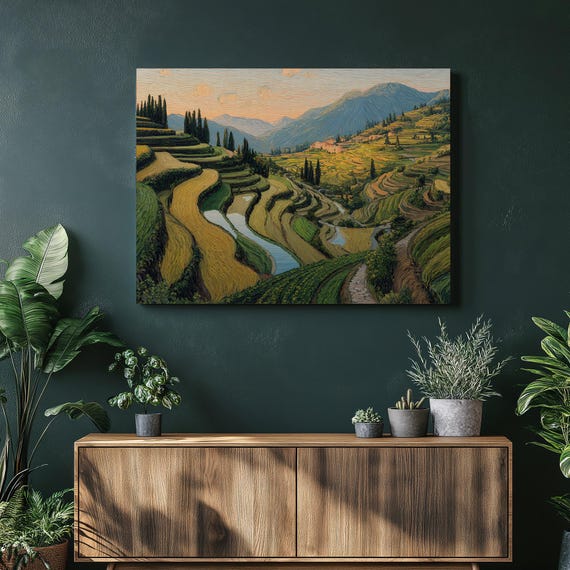 Colorful Terraced Fields Canvas Wall Art Sunset Landscape With Cypress Trees Mountains Impasto Painting Rice Terraces Water Reflection
