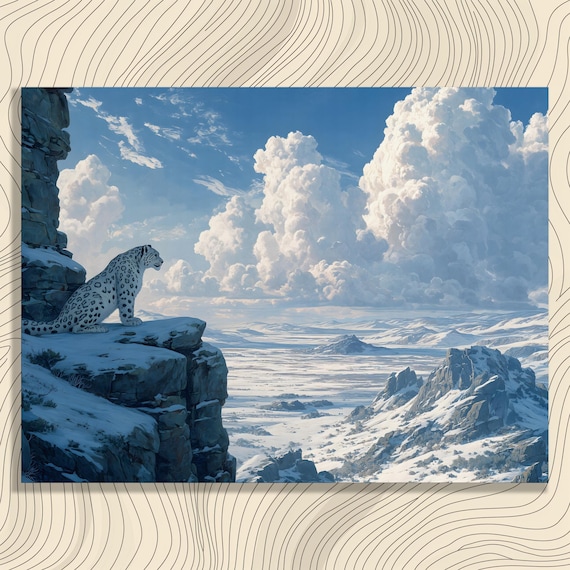 Snow Leopard Canvas Wall Art Majestic Mountain Landscape Winter Scenery Blue Sky Rocky Outcrop Nature Painting Wildlife Print