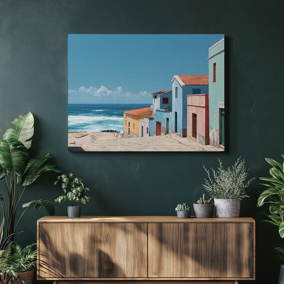Colorful Coastal Town Street with Ocean View Painting Poster