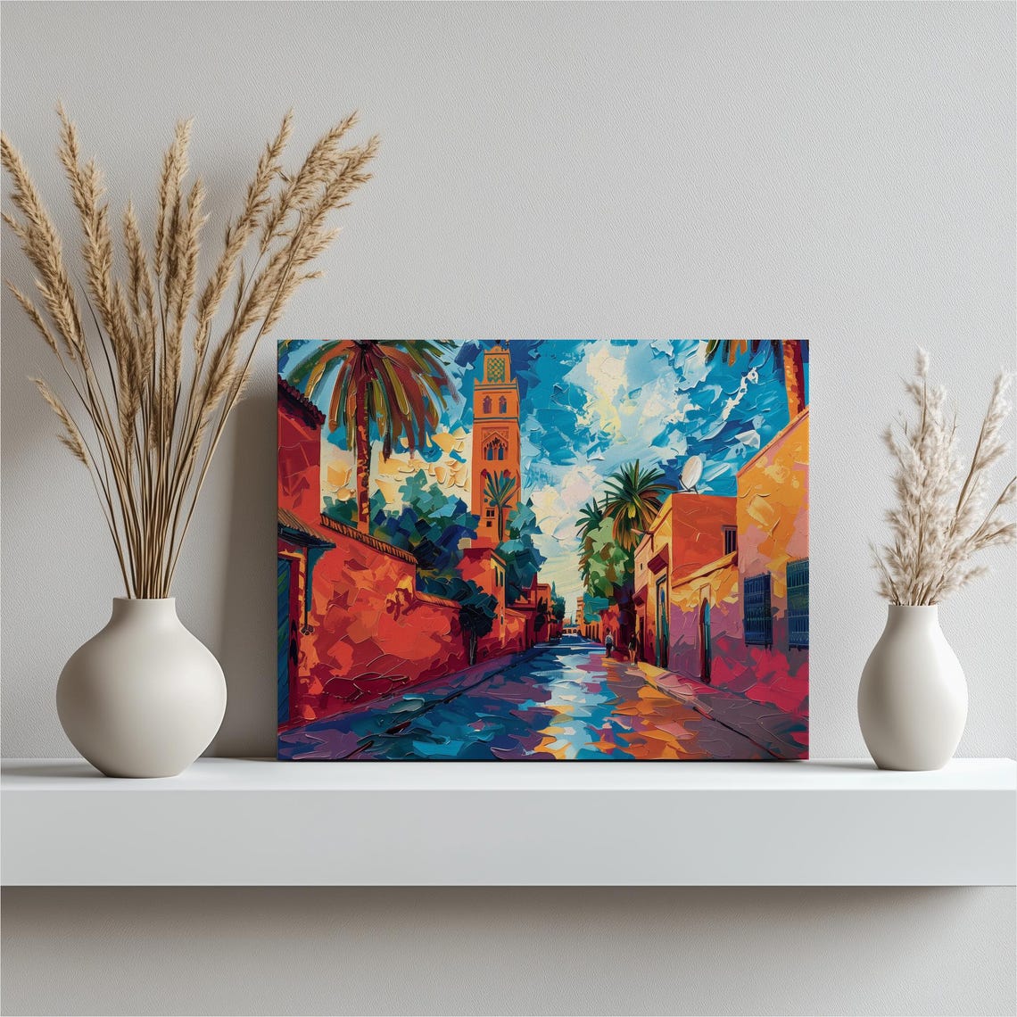 Marrakesh Morocco Medina Street Minaret Colorful Painting Poster