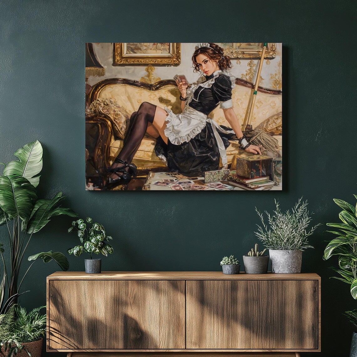 Vintage French Maid Oil Painting Classic Pin Up Style Wall Art