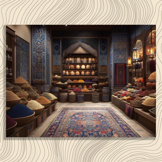 Colorful Moroccan Spice Market Interior Ornate Bazaar Art Poster