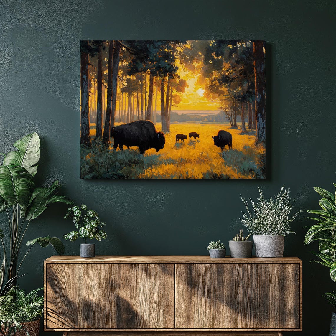 Majestic Bison Herd at Golden Sunset in a Pine Forest Wall Art