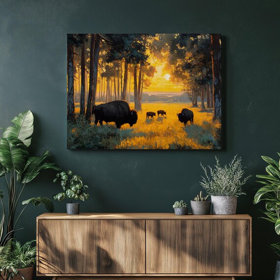 Buffalo Bison Sunset Canvas Wall Art Golden Meadow Wildlife Painting Rustic Nature Decor Forest Landscape Print Colorful Western Gift