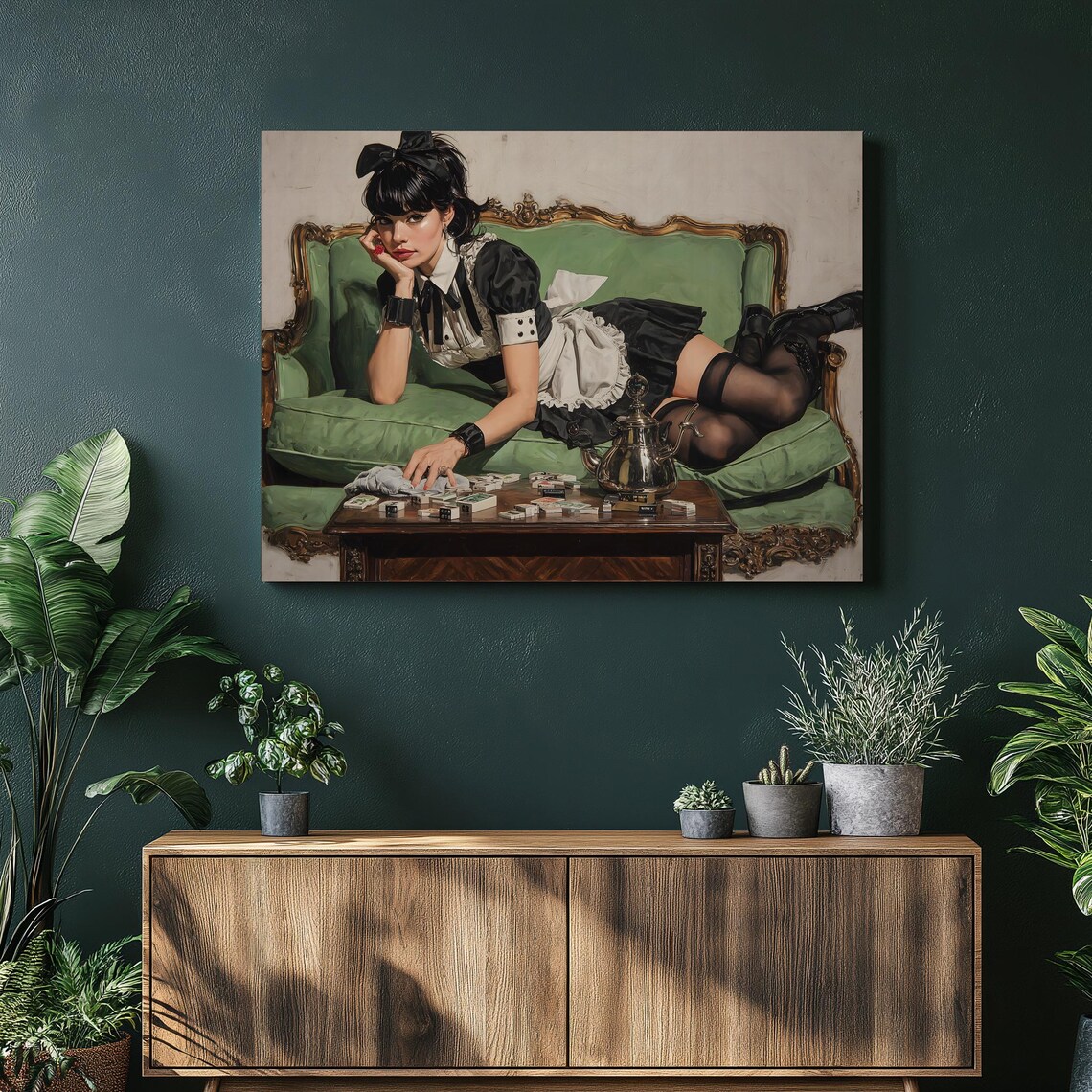 Vintage Mahjong Maid Lounging On Green Sofa Retro Game Room Poster