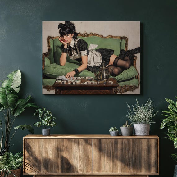 Mahjong Maid Canvas Wall Art Photoreal Portrait Outfit On Green Couch With Silver Teapot And Tiles Modern Vintage Prin