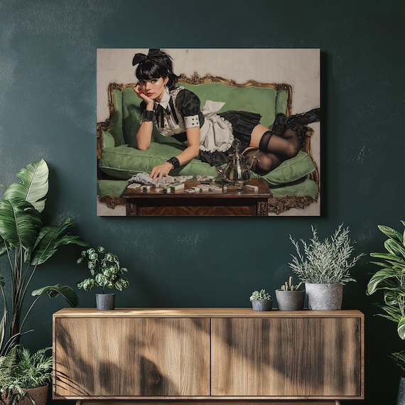 Vintage Mahjong Maid Lounging On Green Sofa Retro Game Room Poster