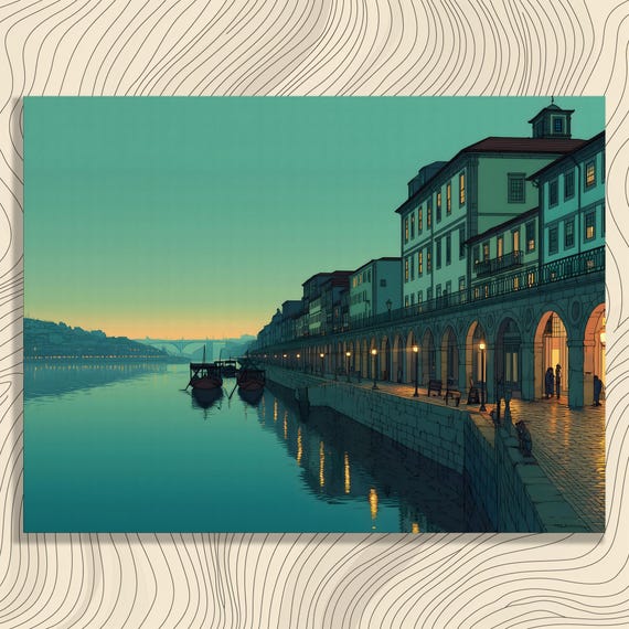 Porto Portugal Douro River Canvas Wall Art Twilight Waterfront Cityscape With Ribeira Arcades Boats And Bridge Reflections Travel Decor