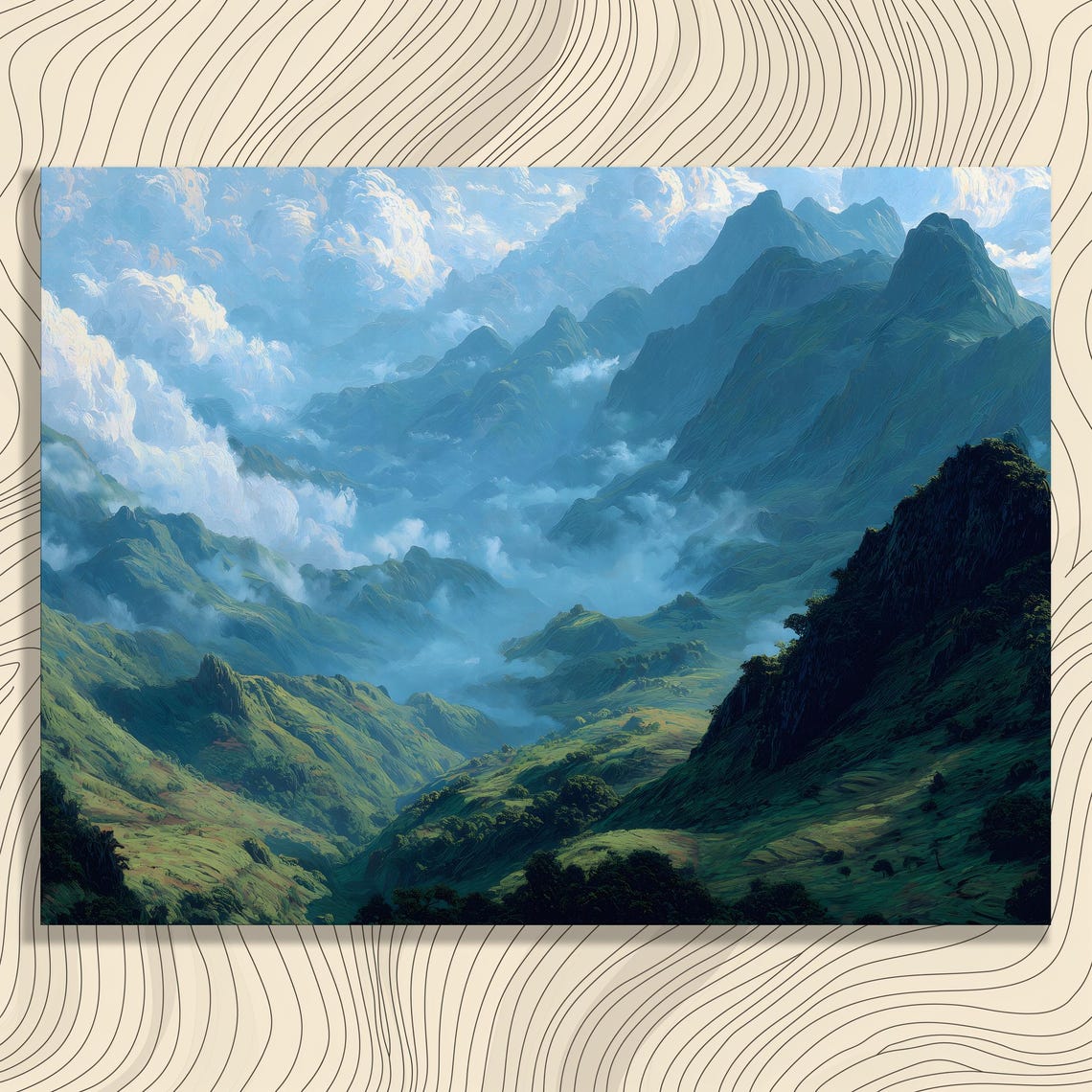 Misty Mountain Valley Green Peaks Drifting Clouds Landscape Poster