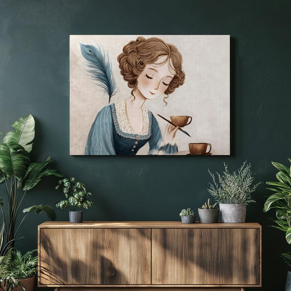Vintage Teacup Portrait Canvas Wall Art Victorian Era Illustration In Blue Lace Dress With Peacock Motif Nouveau Style Elegant Print
