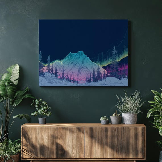 Aurora Northern Lights Canvas Wall Art Modern Mountain Landscape Pine Forest Night Sky Neon Minimalist Line Nature Print