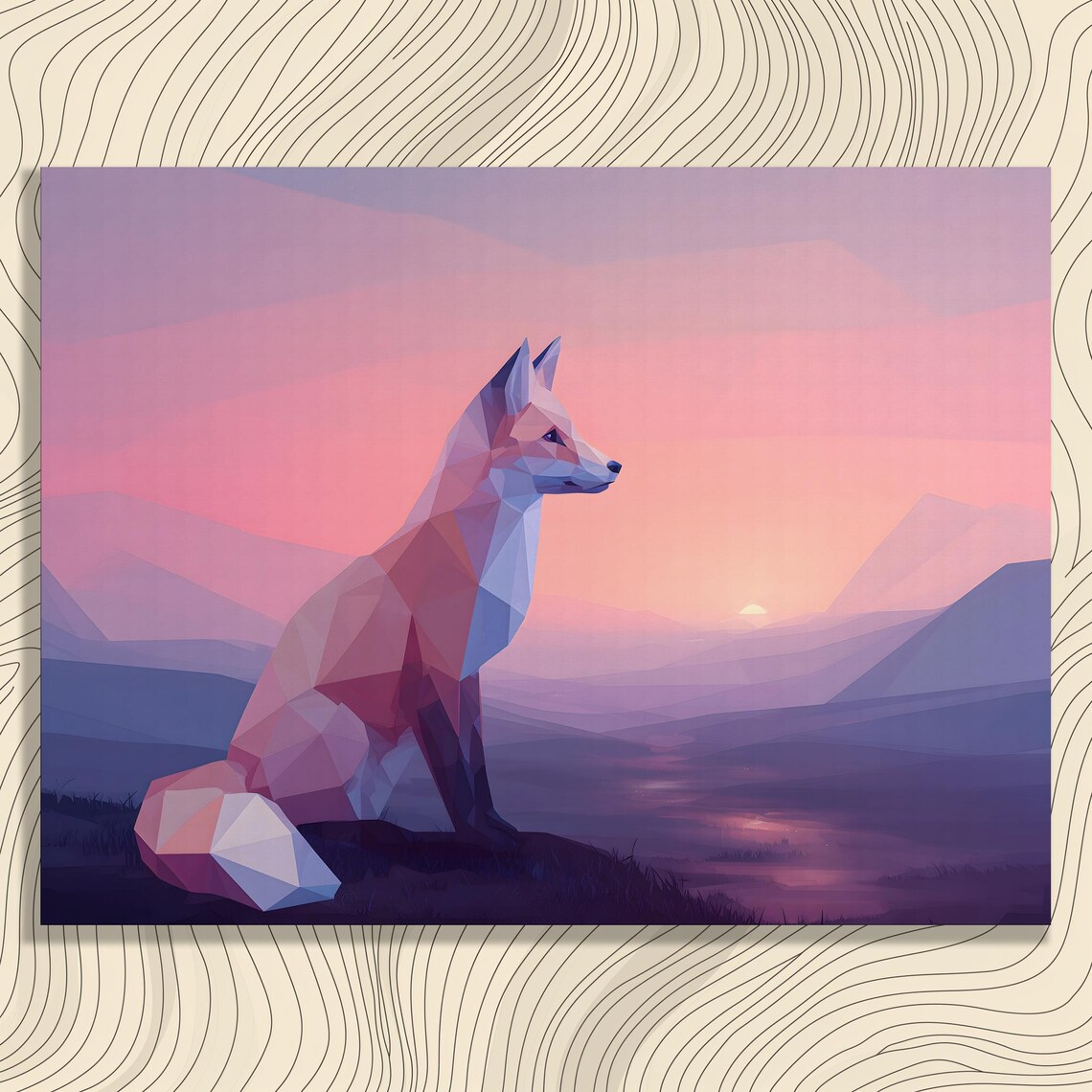 Geometric Fox Sunset Canvas Wall Art Abstract Landscape Print Low Poly Nature Decor Mountain Valley River Modern Colorful Artwork