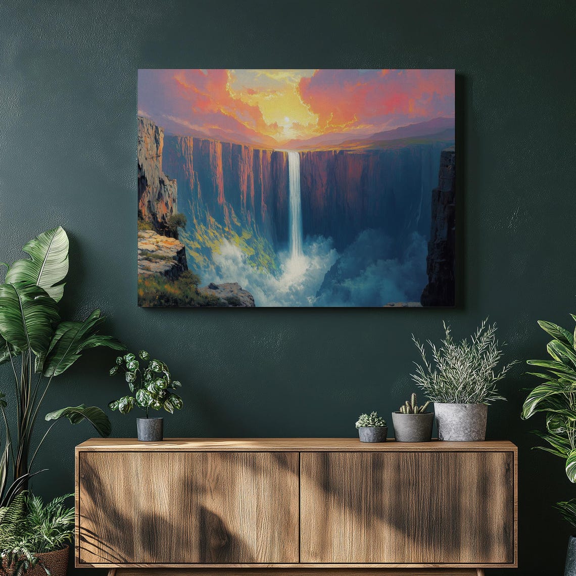 Breathtaking Waterfall Cliff Sunset Mist Dramatic Landscape Art Poster