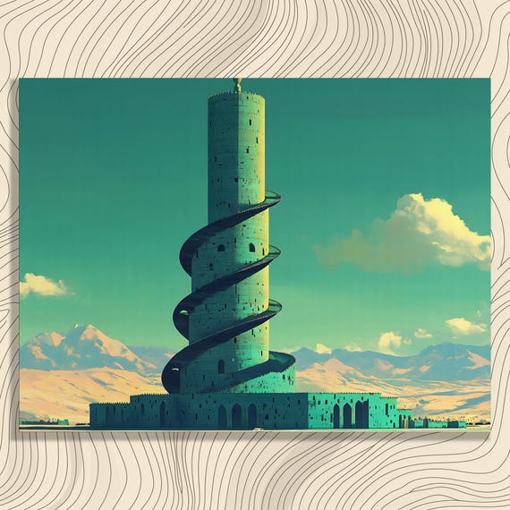 Surreal Spiral Tower Canvas Wall Art Modern Abstract Mountain Landscape Print Surrealism Decor For Artists And Travelers