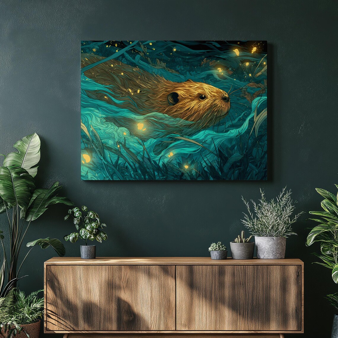 Otter Swimming With Glowing Fireflies Magical Teal Aquatic Fantasy Art Print