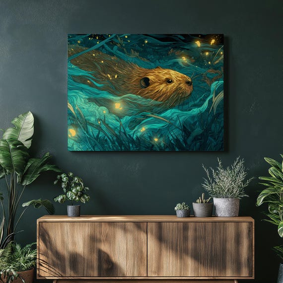 Magical Otter Canvas Wall Art Swimming With Glowing Fireflies Aquatic Fantasy Wildlife Decor Nature Print Colorful Animal Artwork