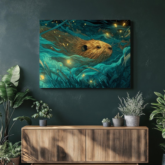 Otter Swimming With Glowing Fireflies Magical Teal Aquatic Fantasy Art Print