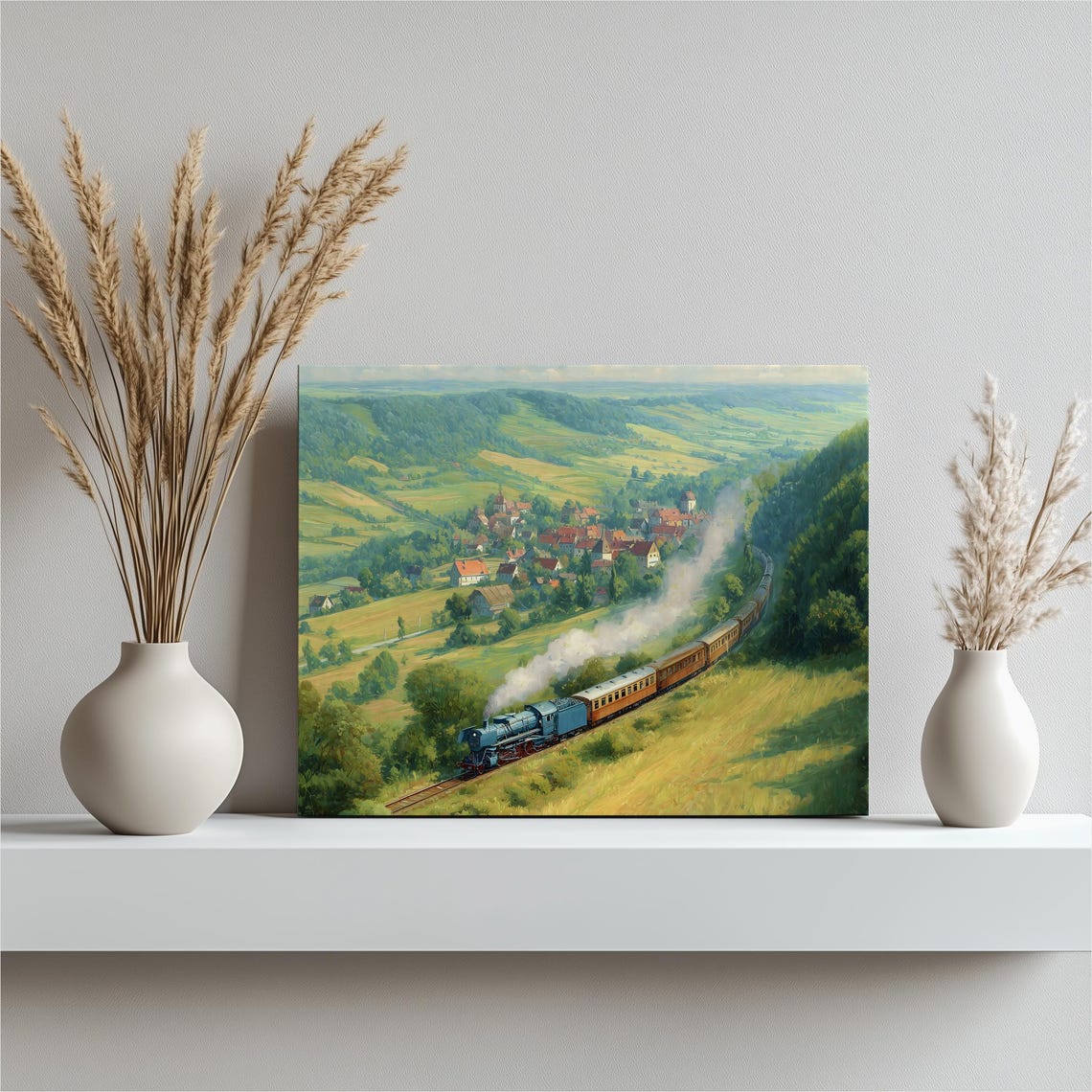 Vintage Steam Train Through Rolling Green Countryside Poster