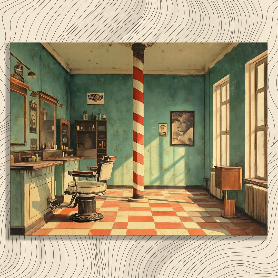Vintage Barbershop Interior Striped Pole Antique Chair Retro Poster
