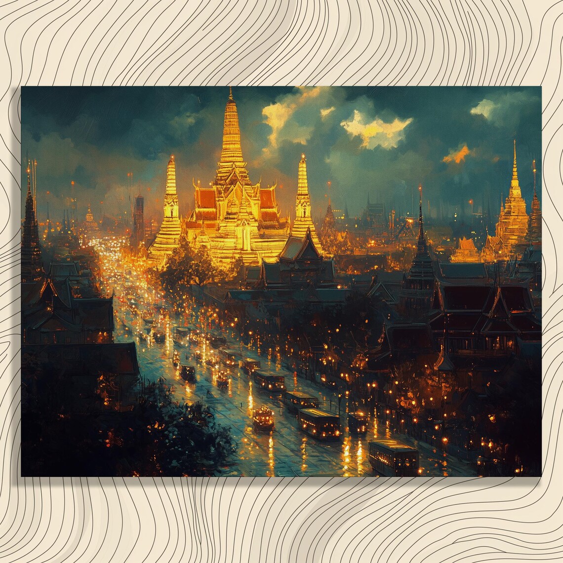 Bangkok Golden Temples Night City Lights Street River Glow Poster