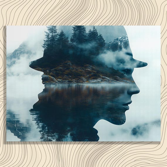 Surreal Double Exposure Canvas Wall Art Misty Forest Silhouette Portrait Print Contemporary Nature Reflection Modern Decor Gift