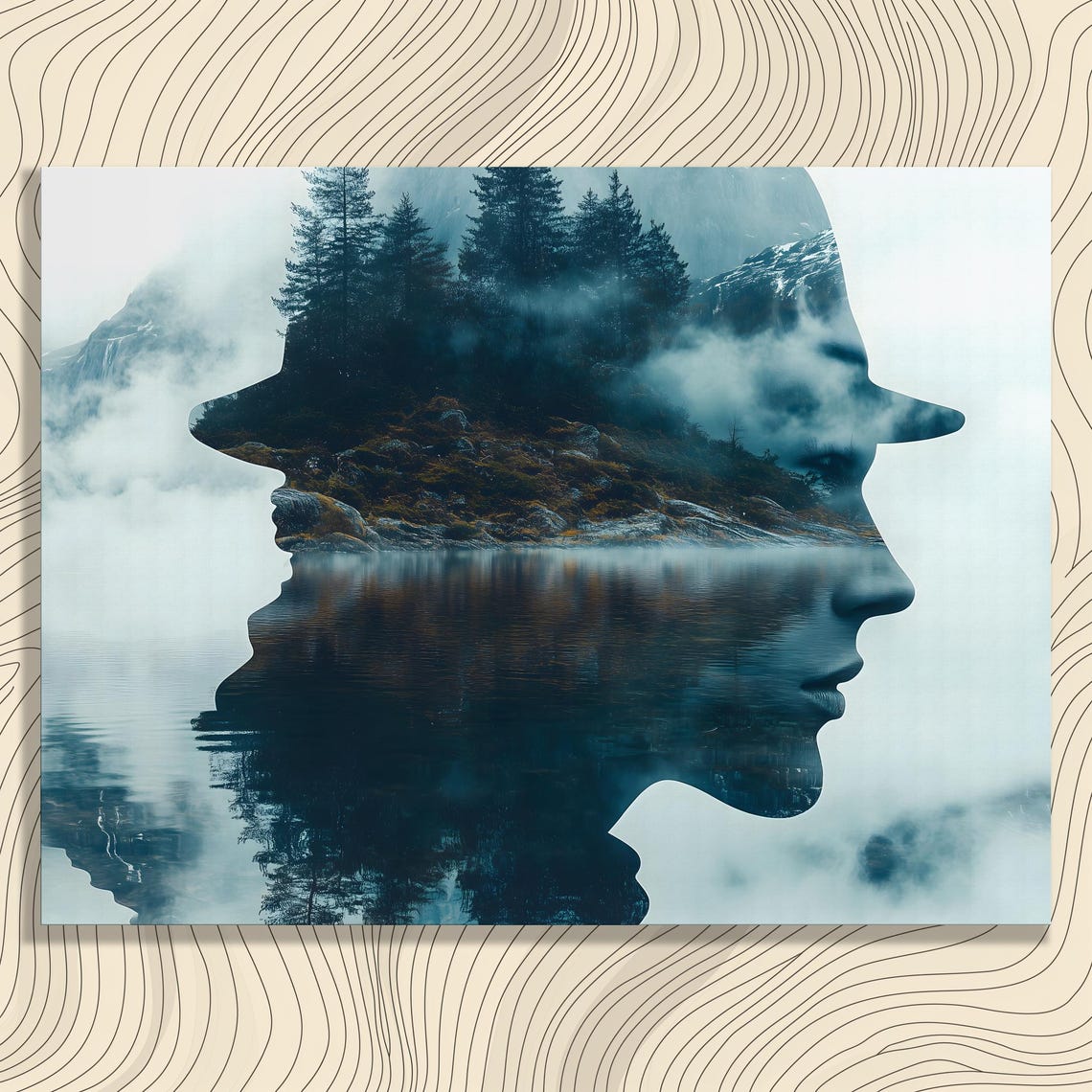 Double Exposure Man Profile Misty Mountain Lake Surreal Poster