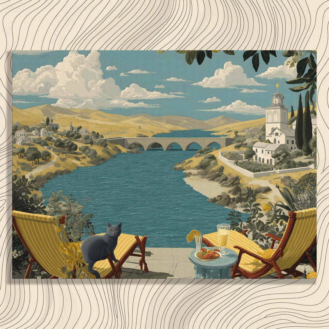 Mediterranean Terrace Cat Seaside Village River Bridge Poster