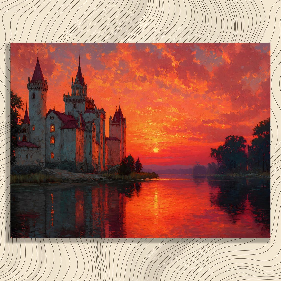 Fiery Sunset Castle Lakeside Reflection Medieval Romantic Art Poster