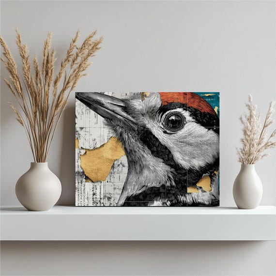 Modern Woodpecker Canvas Wall Art Wildlife Print Collage Illustration Nature Decor Pop Painting Contemporary Bird Gift