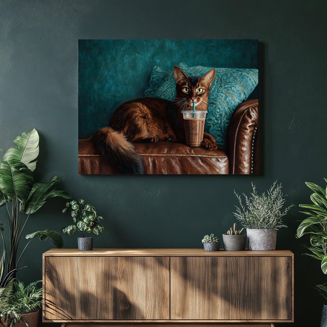 Somali Cat Drinking Iced Coffee on Leather Couch Teal Canvas Poster