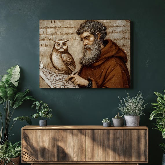 Medieval Owl Monk Canvas Wall Art Vintage Manuscript Calligraphy Parchment Gothic Scholar Print Ancient Wisdom Decor Gift For Readers