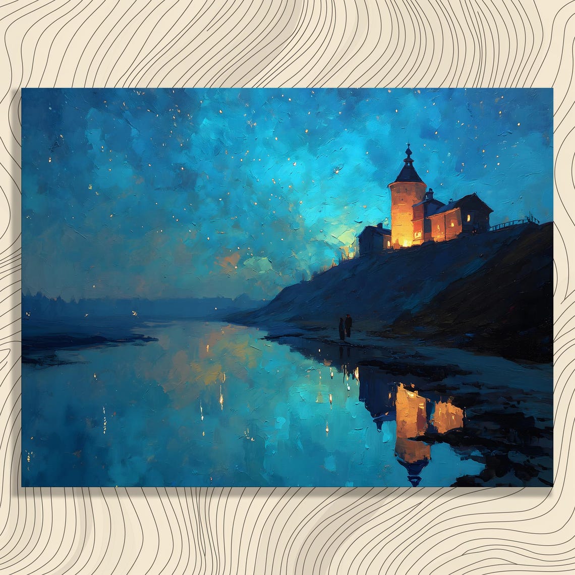 Castle Canvas Wall Art Illuminated Night Landscape With Starry Sky Reflection Lake Oil Painting Fine Print Turquoise Twilight Horizon