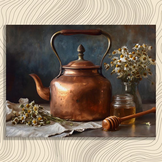 Vintage Copper Kettle Canvas Wall Art Rustic Still Life Painting With Honey Jar Chamomile Flowers Botanical Print Farmhouse Decor Gift