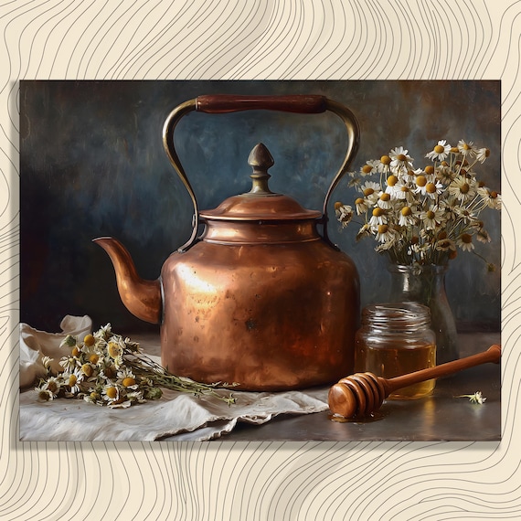 Vintage Copper Kettle Still Life Oil Painting Chamomile Honey Print