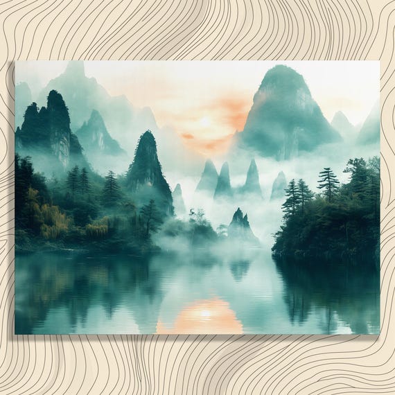 Serene Mountain Lake Canvas Wall Art Misty Sunrise Reflection Nature Landscape Print For Enthusiasts Home Decor