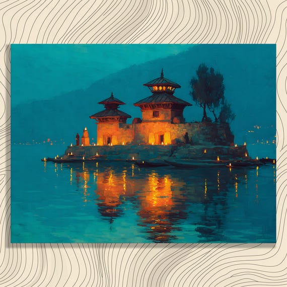 Island Temple Canvas Wall Art Candlelit Lake Reflections With Glowing Shrine On Misty Mountains Serene Water Landscape Colorful