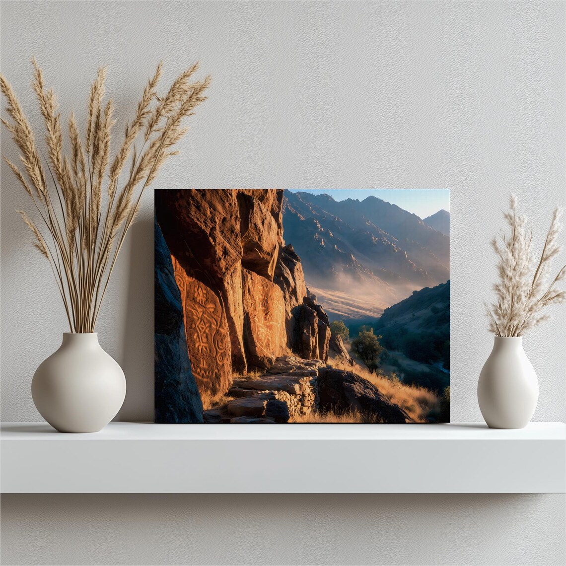 Canyon Desert Ancient Rock Carvings Sunrise Sandstone Cliff Art Poster