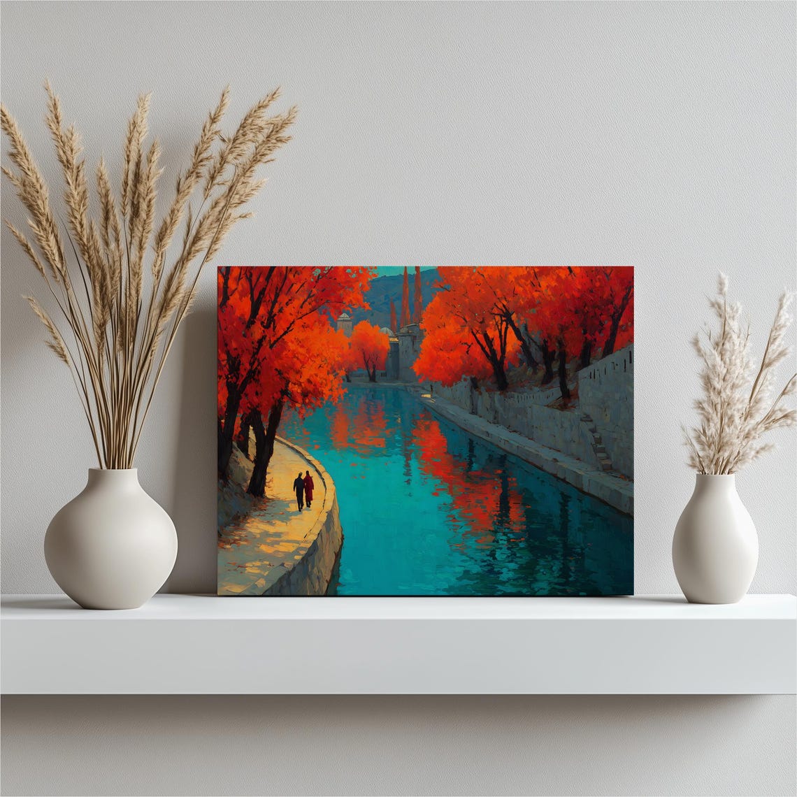 Autumn River with Fiery Red Trees Impressionist Landscape Wall Art